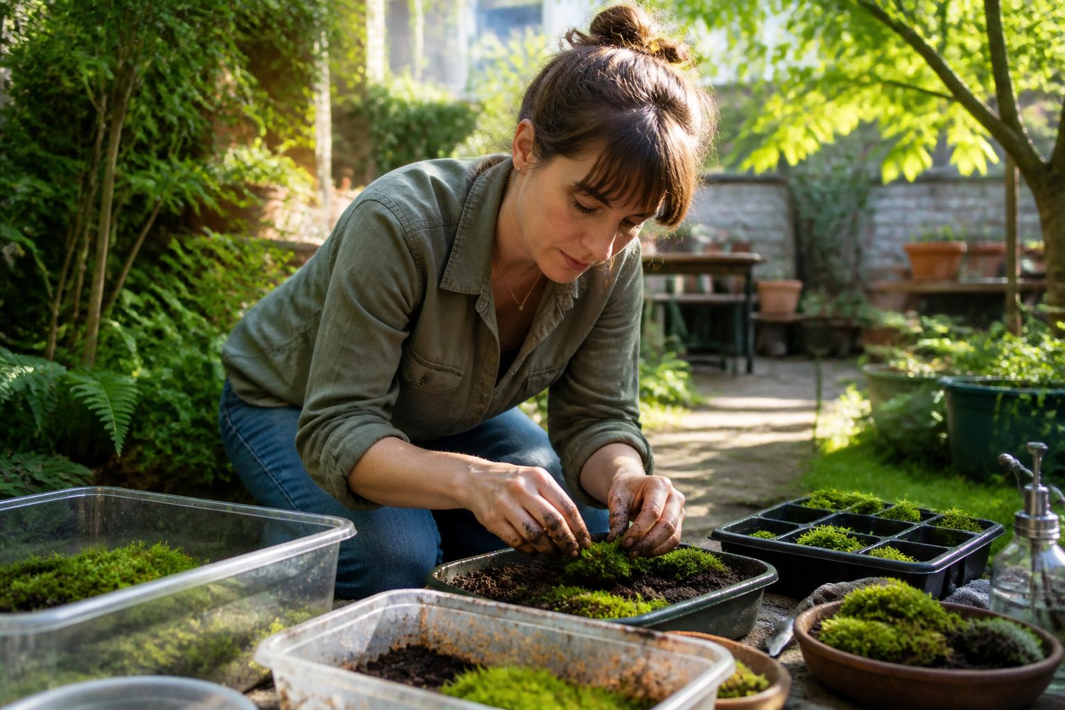 A woman propagating moss fragments in an urban garden, demonstrating a step-by-step method.