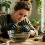 A woman rehydrates dried moss in a bowl of water on a wooden table, examining its texture.