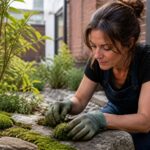 A woman placing moss on a large stone in an urban garden