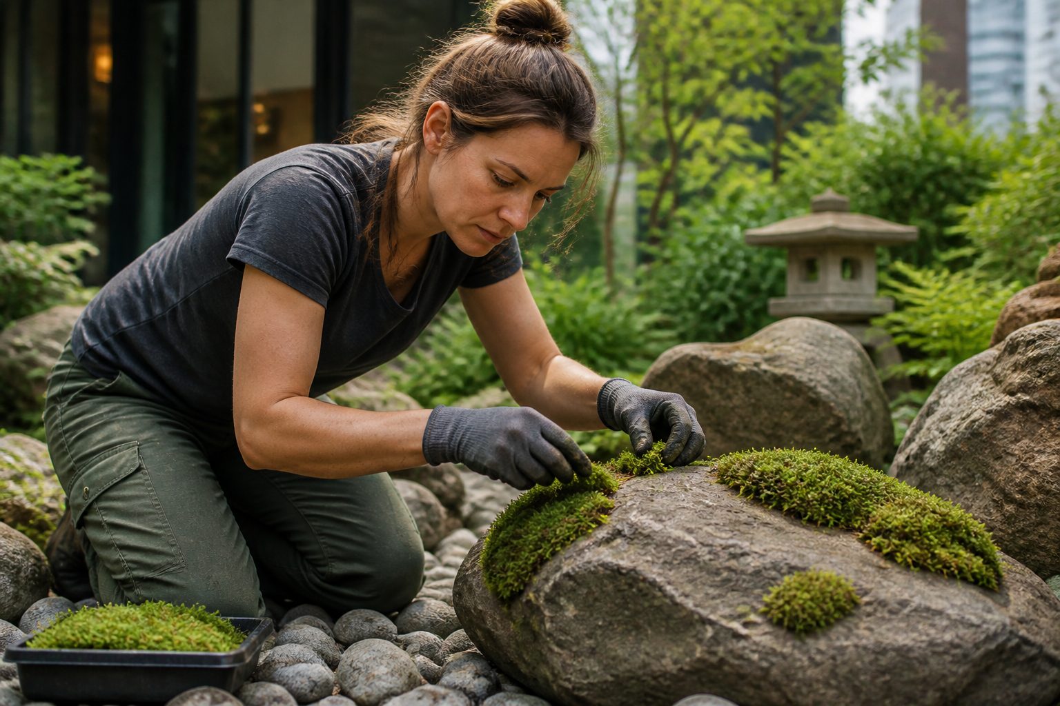 A woman propagating moss on a large stone in an urban garden, applying moss fragments carefully.