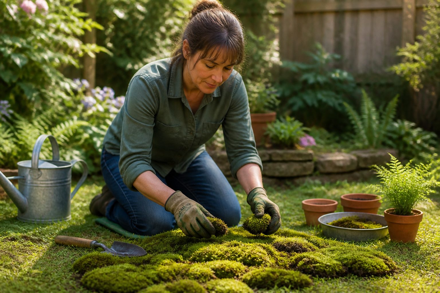 A woman is propagating sheet moss in her garden by separating it into smaller patches.