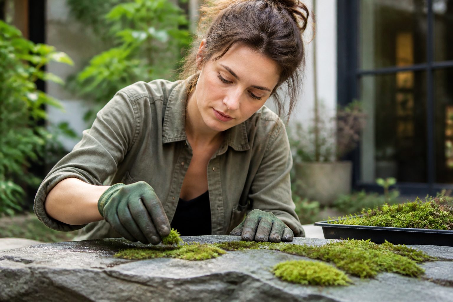A woman propagating moss on a rock, demonstrating soil-free cultivation techniques.