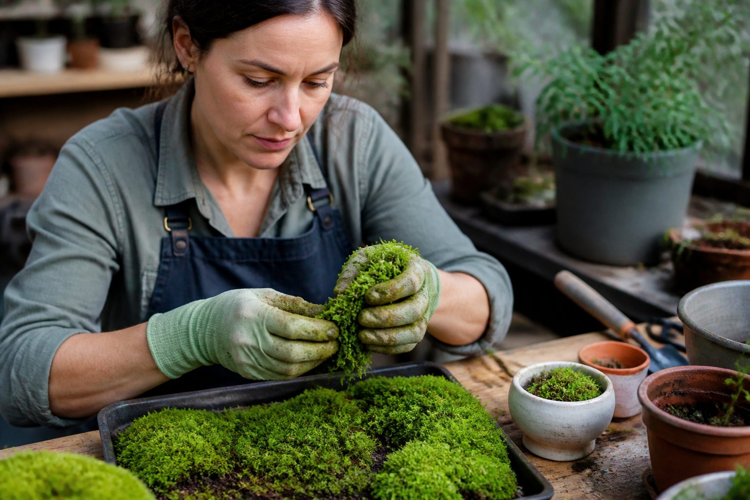 A woman propagating cushion moss by gently separating clumps on a wooden table with gardening tools in the background.