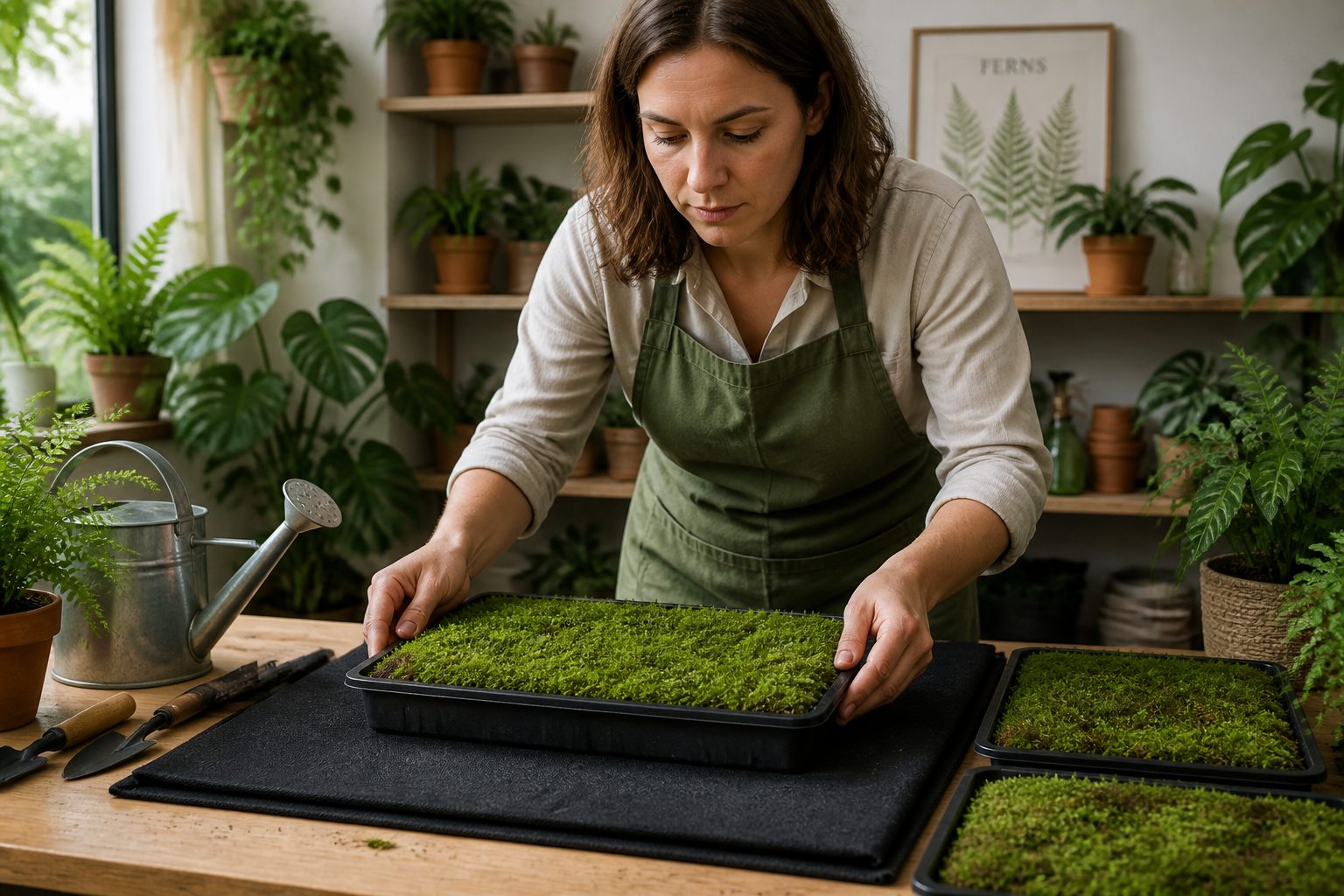 A woman adjusting trays of moss on a capillary mat in an indoor gardening space.