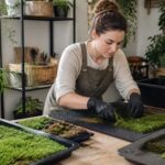 A woman placing moss on a capillary mat in an indoor gardening space, surrounded by trays and gardening tools.