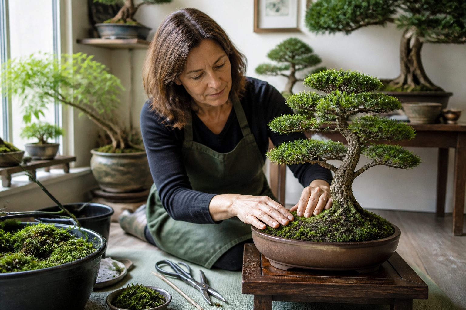 A woman propagating moss for bonsai topdressing in an indoor garden.