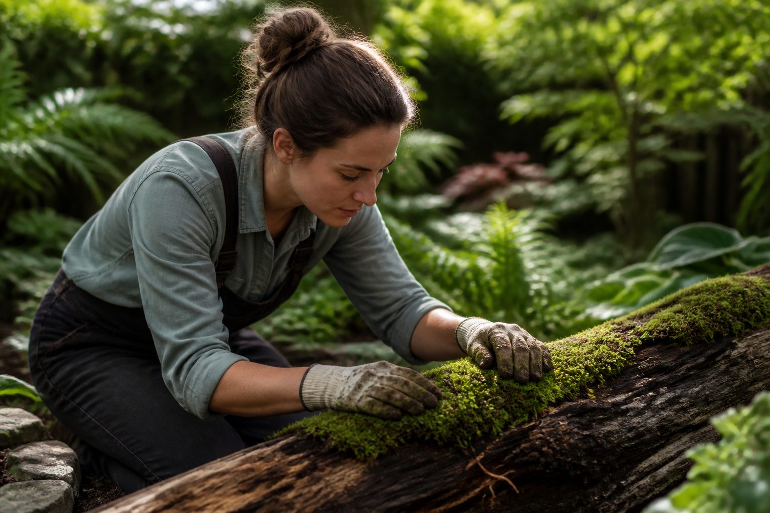 A woman applying moss to a wooden log in a garden, focusing on proper attachment.