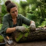 A woman placing moss on a wooden log in a garden, demonstrating moss propagation techniques.