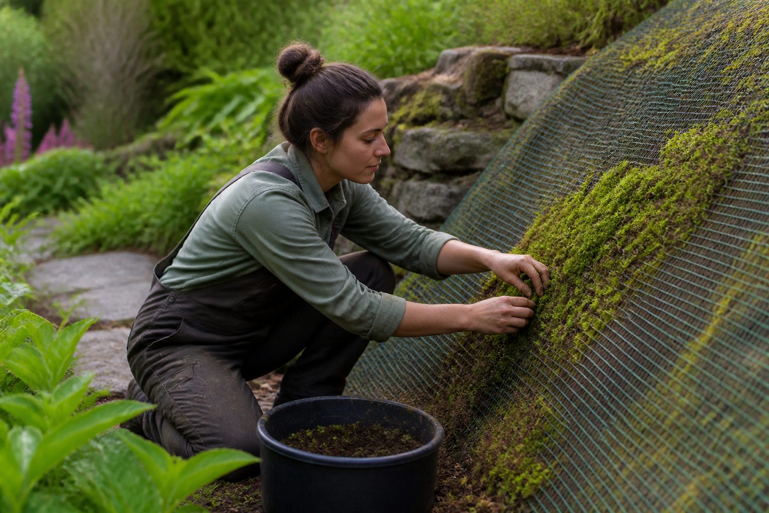 A woman propagating moss with mesh in a garden setting