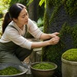 A woman propagating moss with mesh in a garden, demonstrating a stable method for vertical surfaces.