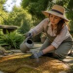 A woman watering dry moss in a garden to help it recover after drought.