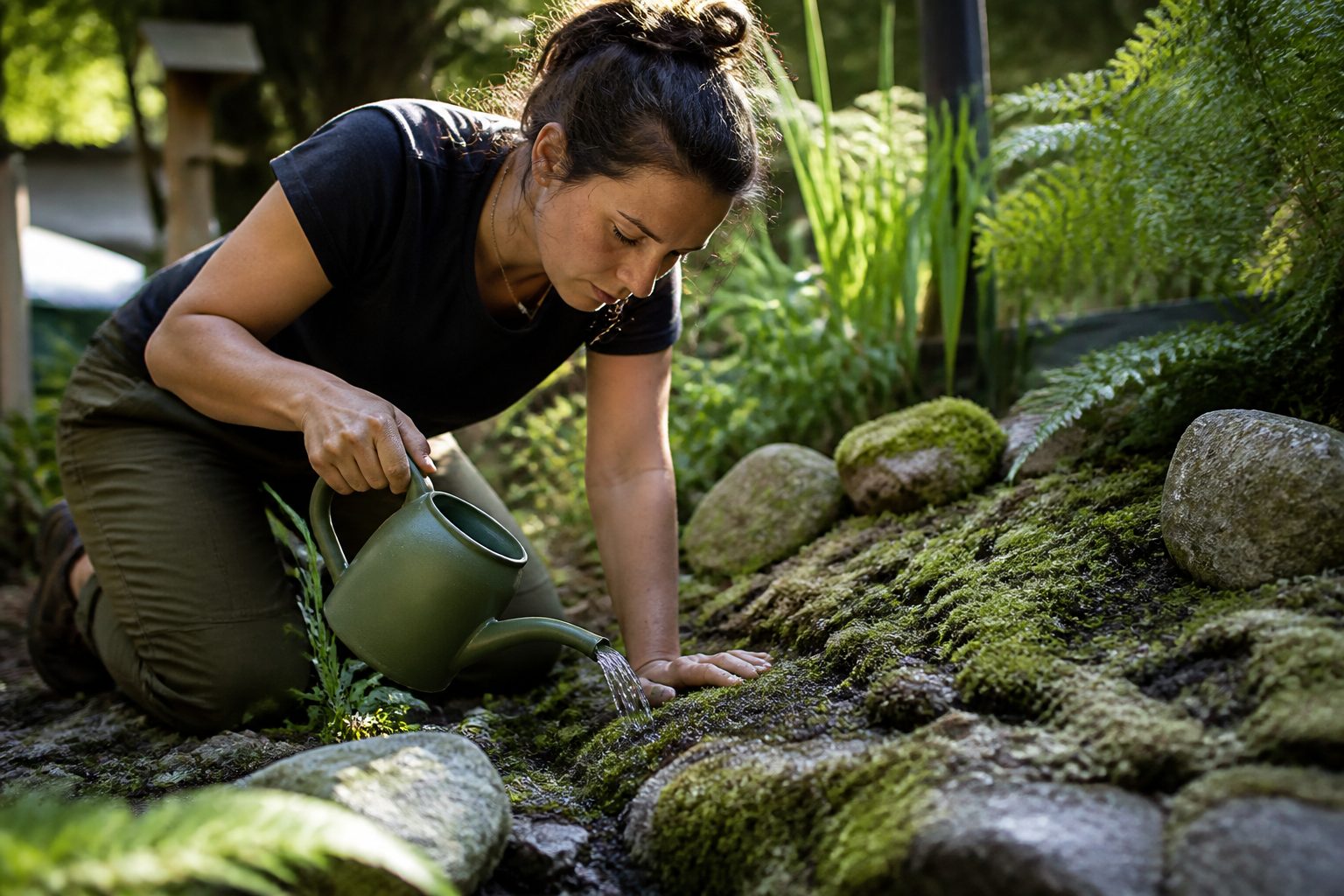 A woman watering dry moss in a garden to help it recover from drought.
