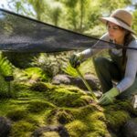 A woman adjusting shade cloth over a moss area in her garden