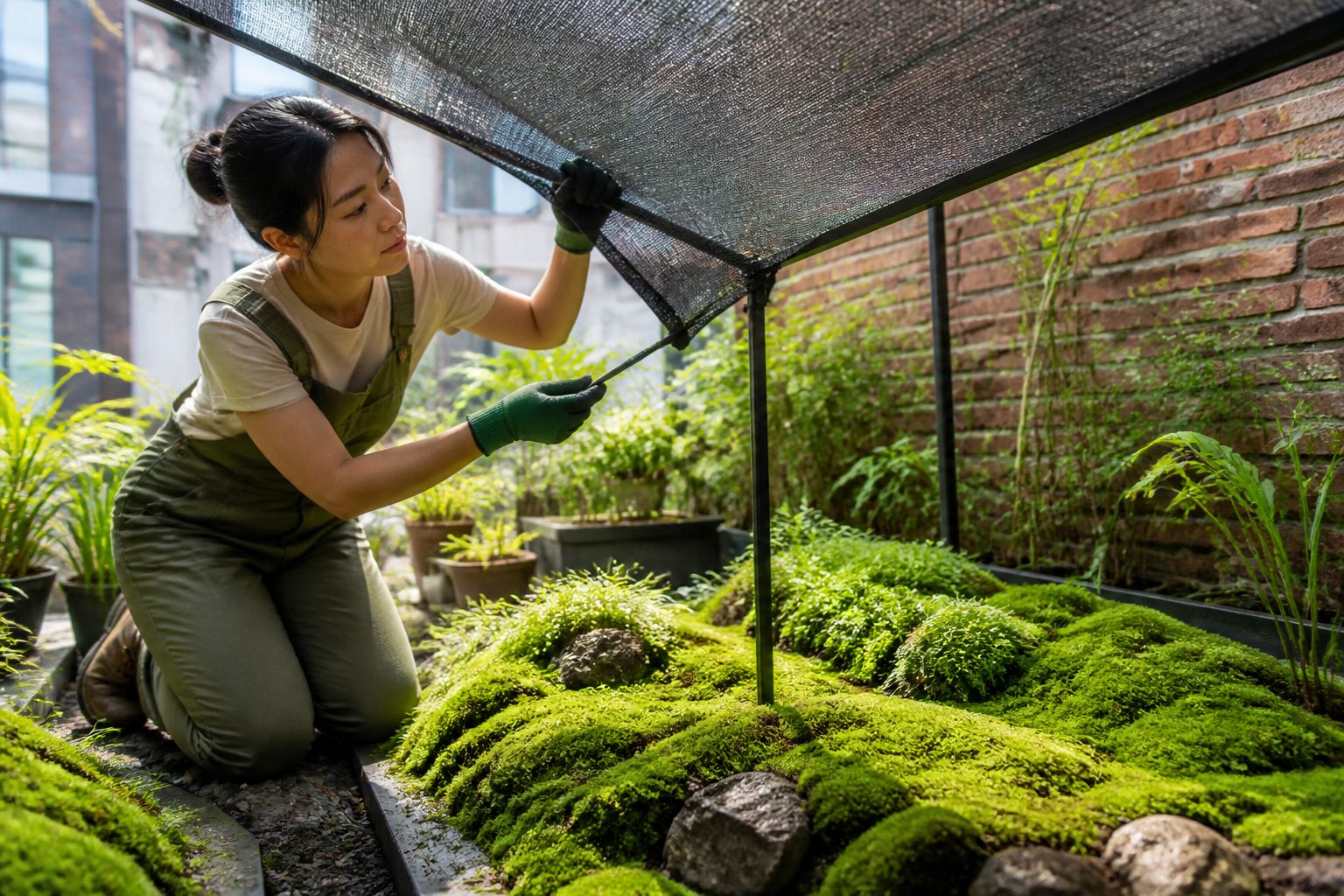 A woman installing shade cloth over a moss garden in an urban environment