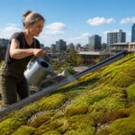 A woman watering a moss green roof in an urban setting on a sunny day.