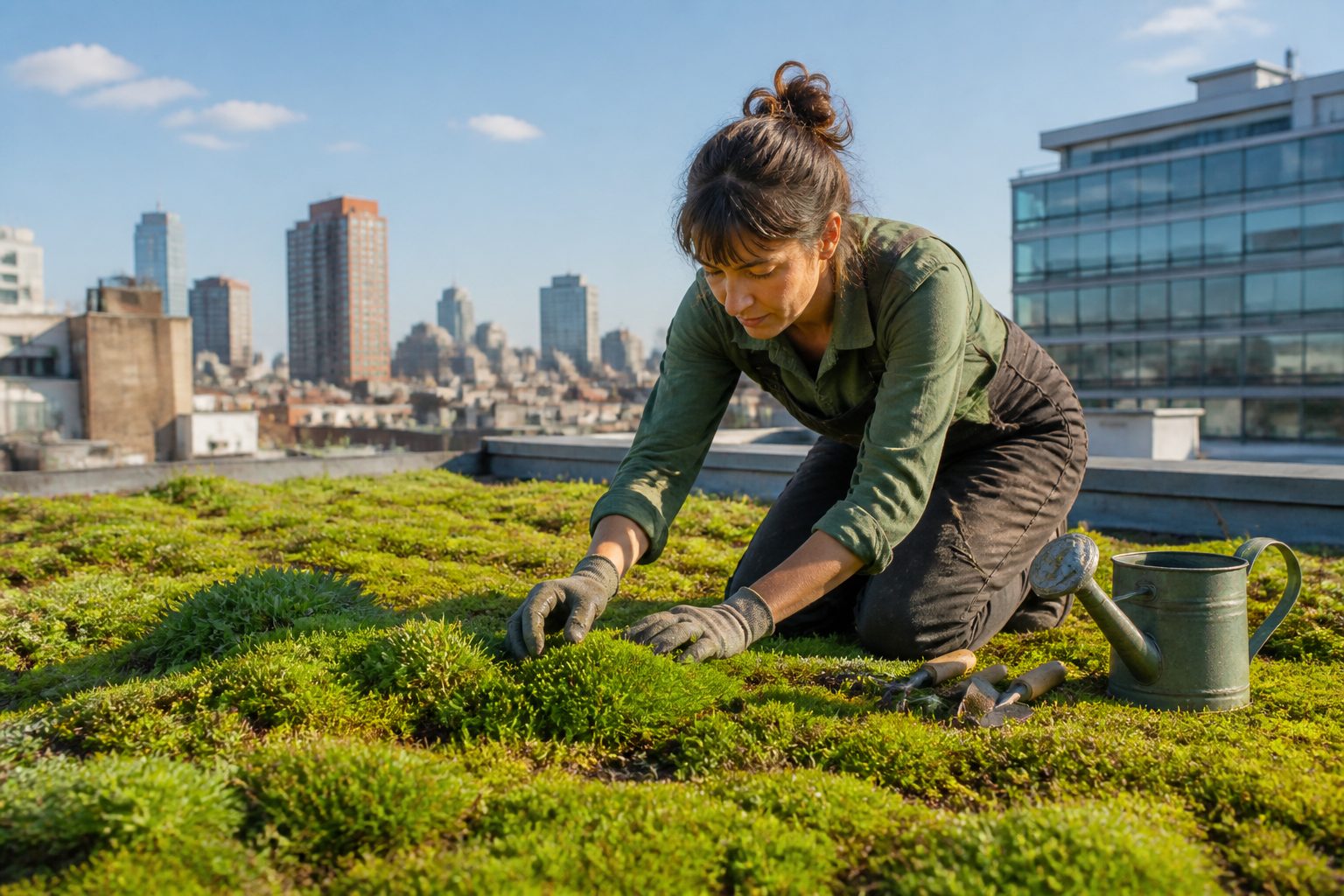 A woman inspecting a moss green roof in an urban setting during summer, surrounded by gardening tools.