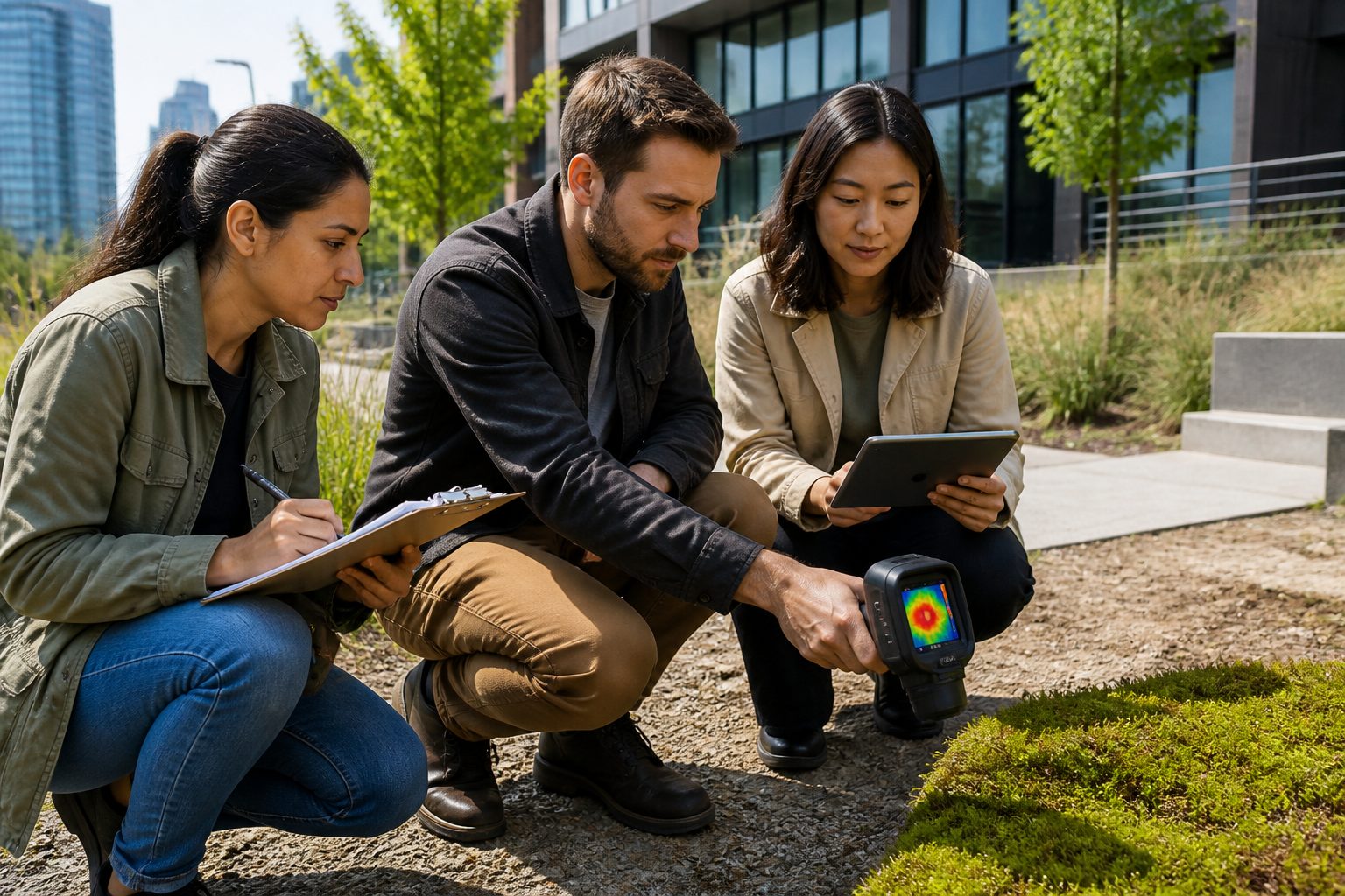 Three people studying thermal properties of moss, gravel, and bare surfaces with a thermal camera in an urban setting
