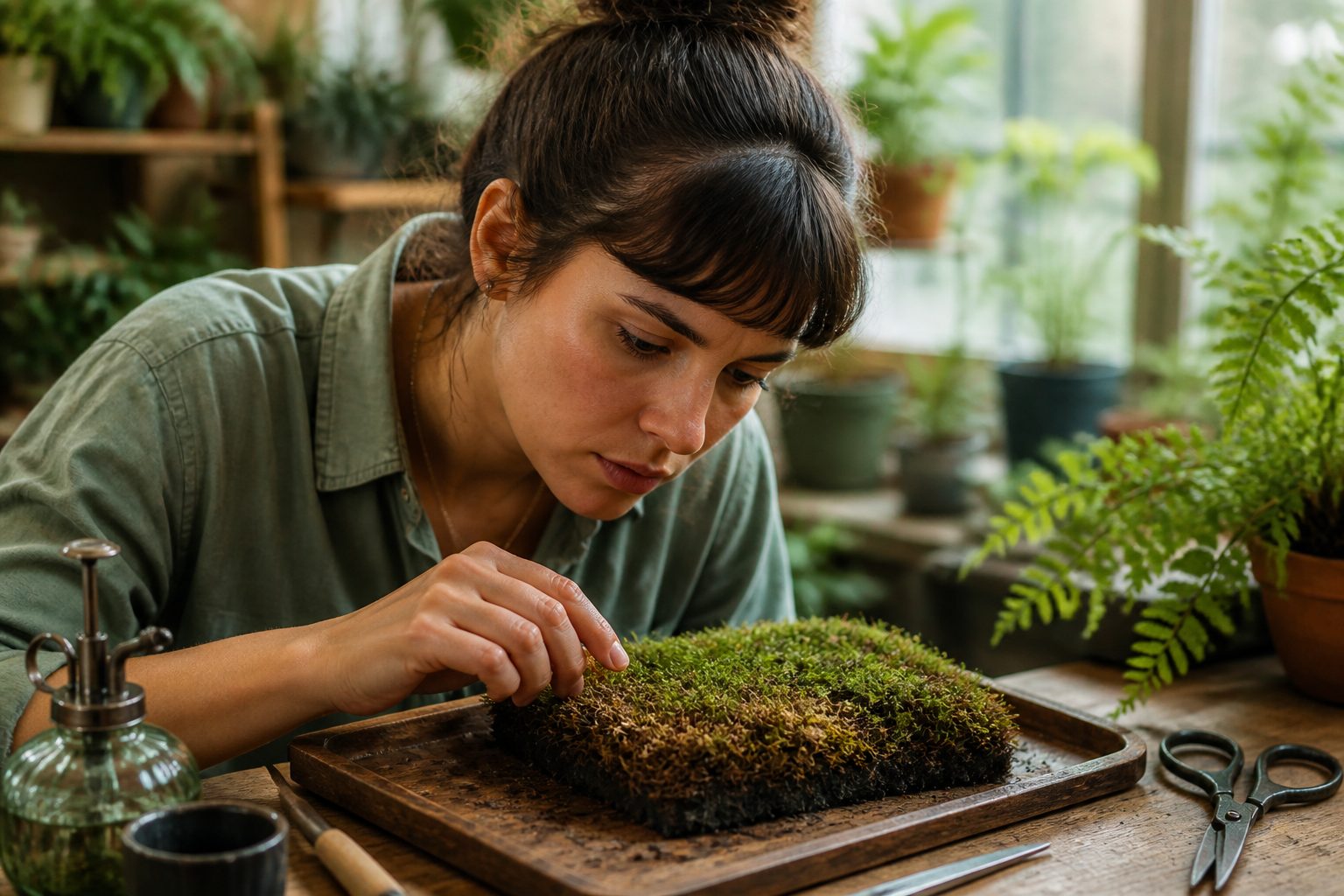 A woman examining a moss patch for browning and attachment issues in an indoor garden.