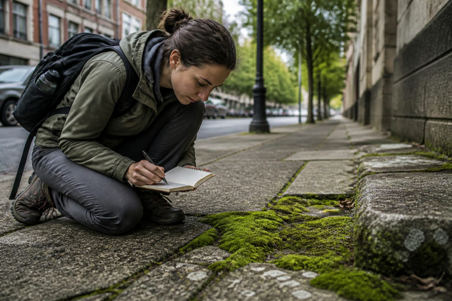A woman examining a patch of moss on a city sidewalk while taking notes.