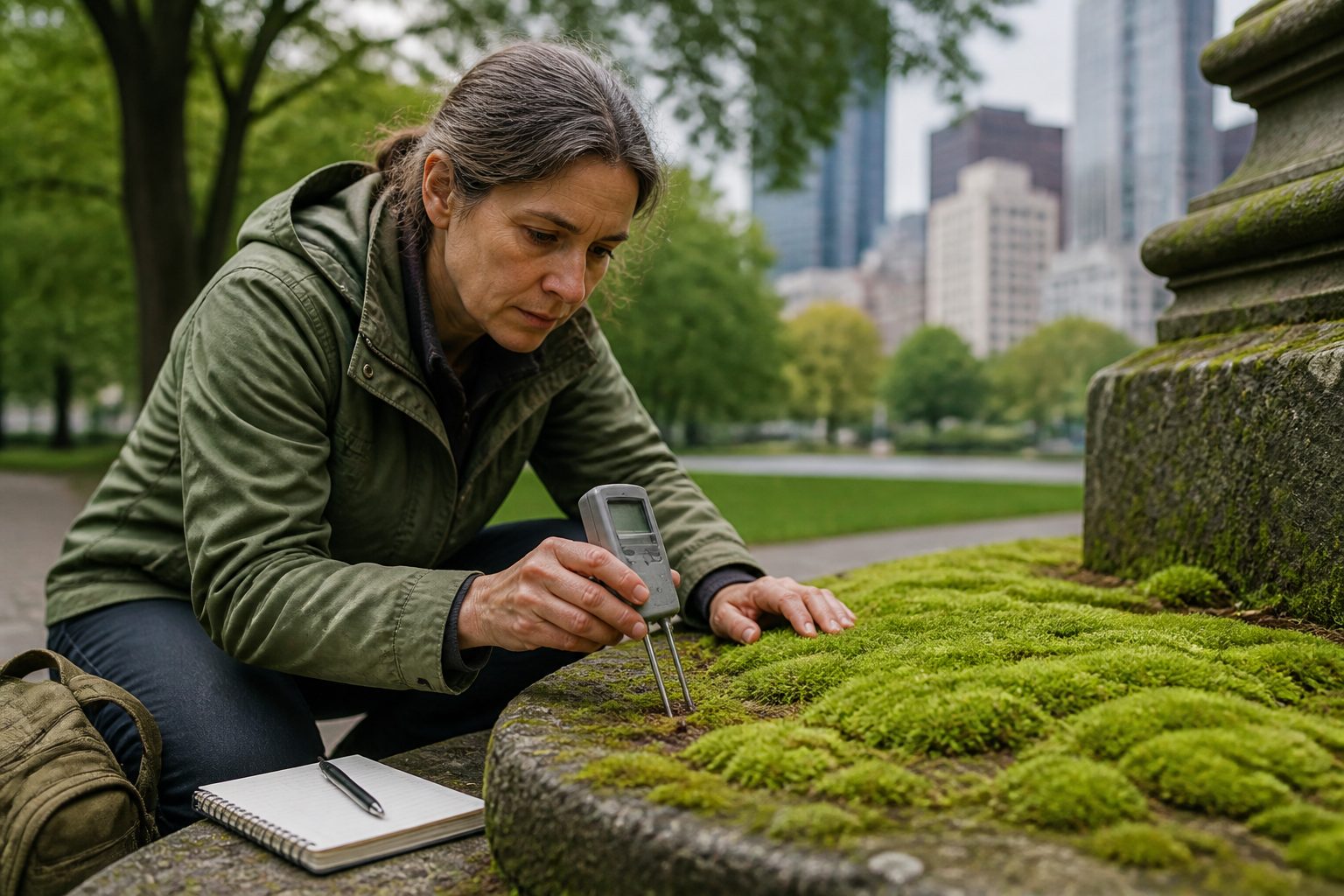 A woman measuring the moisture of urban moss in a city park, surrounded by greenery and buildings.