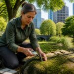 A woman measuring moisture levels in urban moss using a handheld meter in a city park.