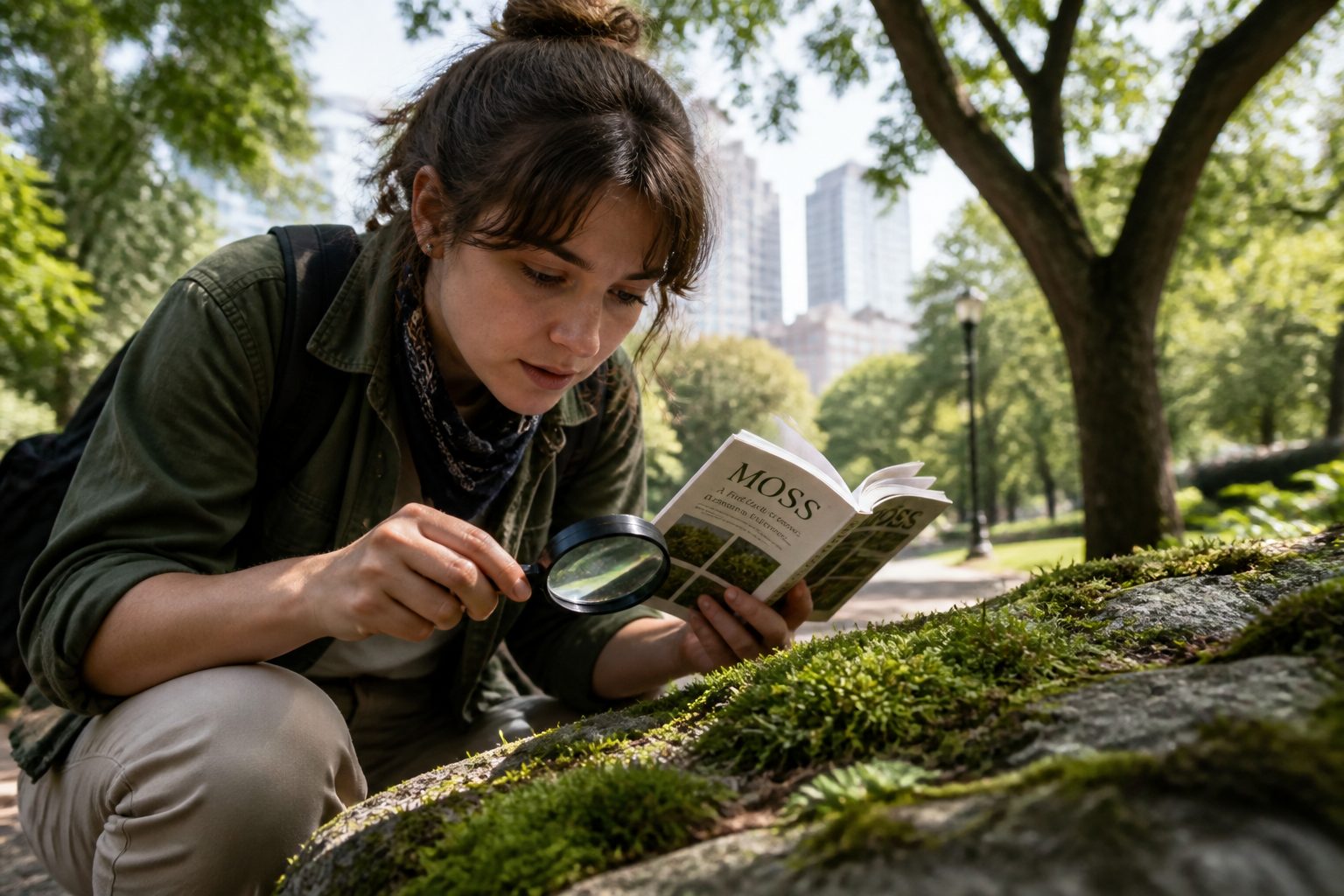 A woman examining moss species in an urban park with a magnifying glass and a field guide.
