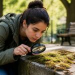A woman examining urban moss species with a magnifying glass in a city park.