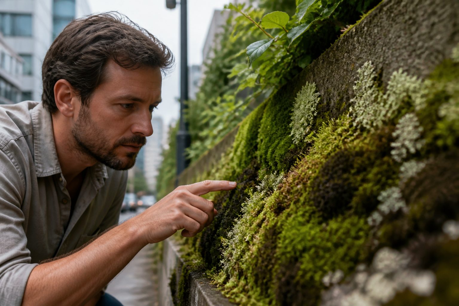 A man examining different types of moss growing on a concrete wall in an urban setting