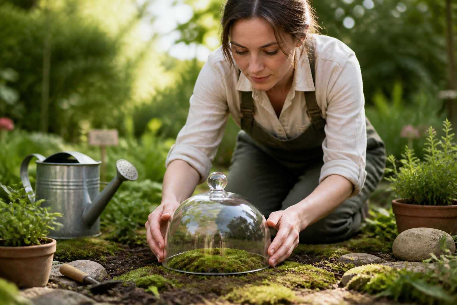 A woman placing a glass cloche over a patch of moss in a garden