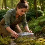 A woman using a clear plastic cloche to cover moss in a garden, demonstrating the propagation method.