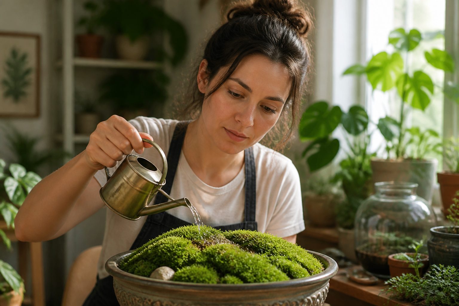 A woman watering a patch of moss in a bright indoor garden setting