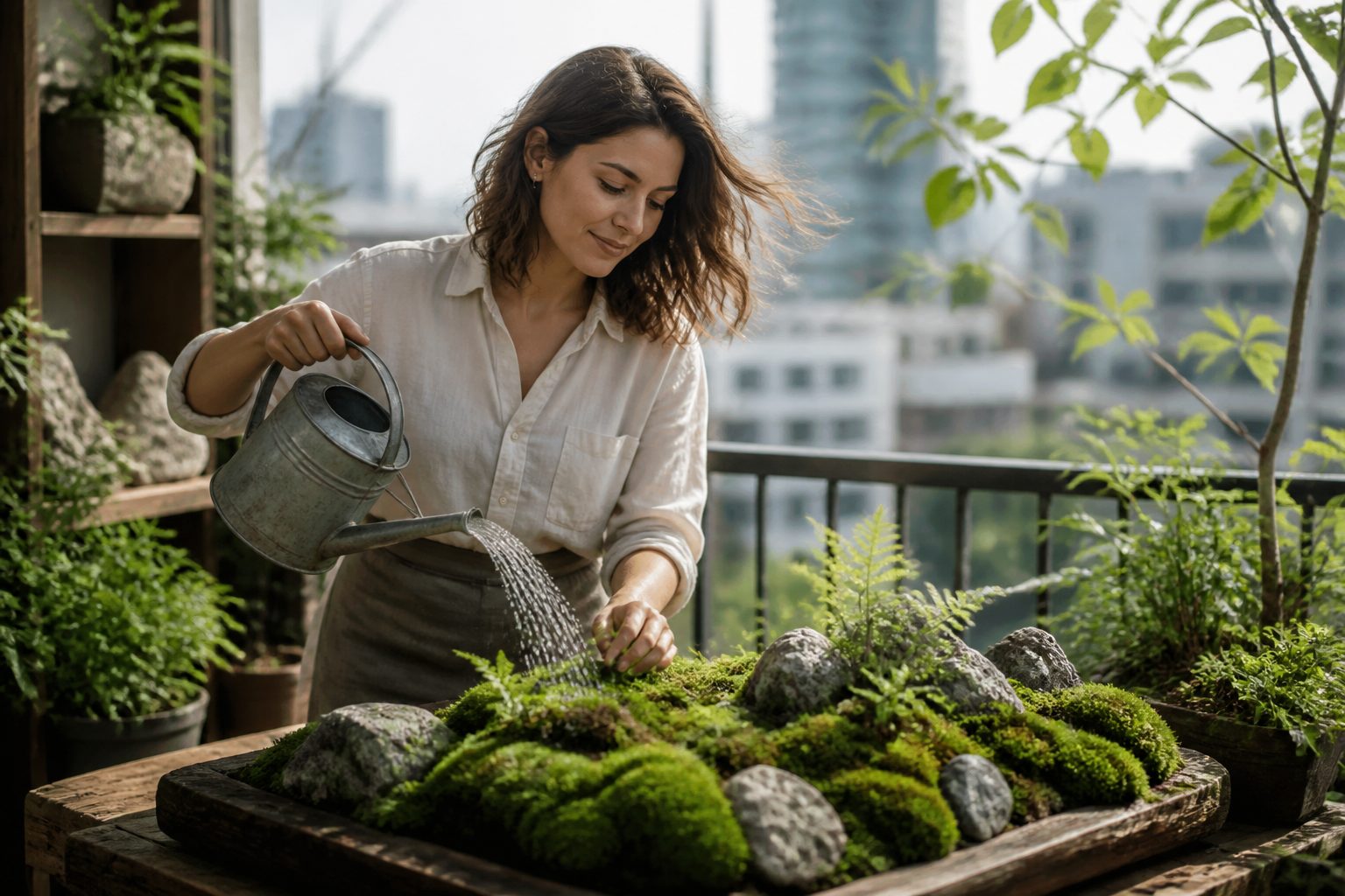 A woman watering a moss garden on her balcony surrounded by plants in an urban setting.