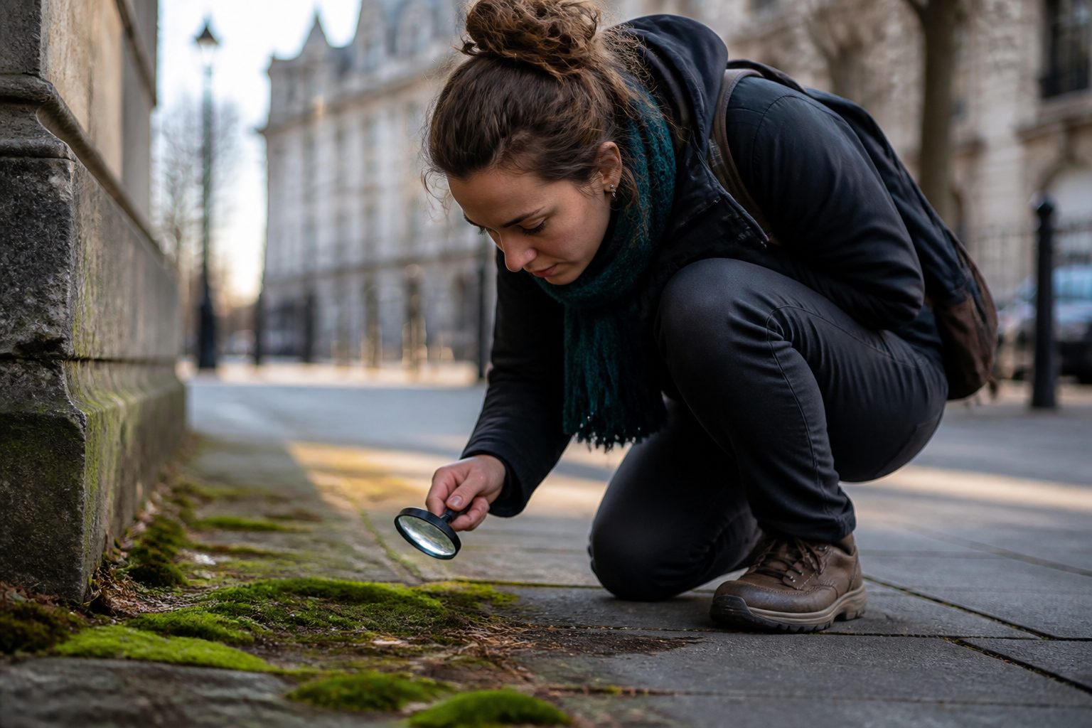 A woman examining moss on a city sidewalk with a magnifying glass
