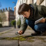 A woman examining moss on a city sidewalk with a magnifying glass and taking notes in a notebook.