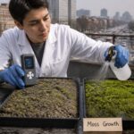 A researcher compares dusty moss and rinsed healthy moss in trays while holding an air quality monitor on a city balcony.