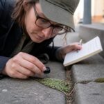 A researcher uses a hand lens to examine silver green moss growing in a crack between concrete sidewalk slabs.