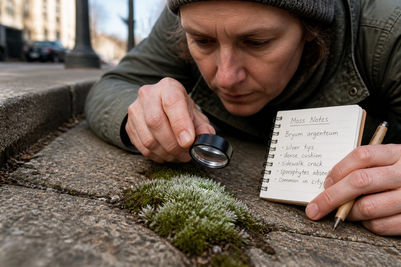 A bryologist uses a hand lens to examine silvery Bryum argenteum moss growing in a crack between concrete sidewalk slabs.