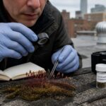 A researcher uses a hand lens to examine purple stalked Ceratodon purpureus moss growing on urban roof shingles.
