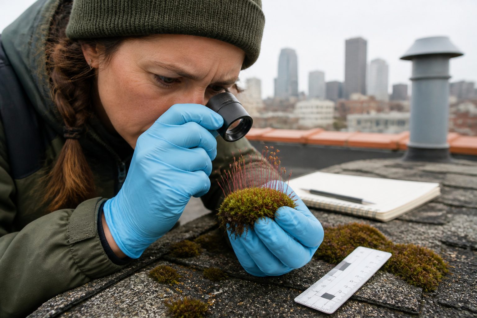 A botanist on an urban rooftop uses a hand lens to examine purple stalked Ceratodon purpureus moss growing on roof shingles.
