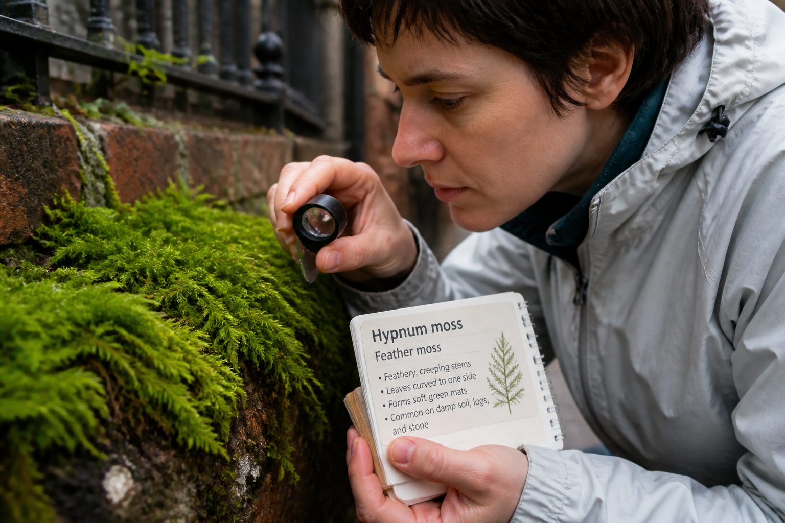A researcher uses a hand lens to examine Hypnum feather moss growing on a city brick wall while holding a field notebook.