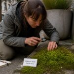 A botanist uses a hand lens to examine feather moss growing on a damp city sidewalk near a brick wall.
