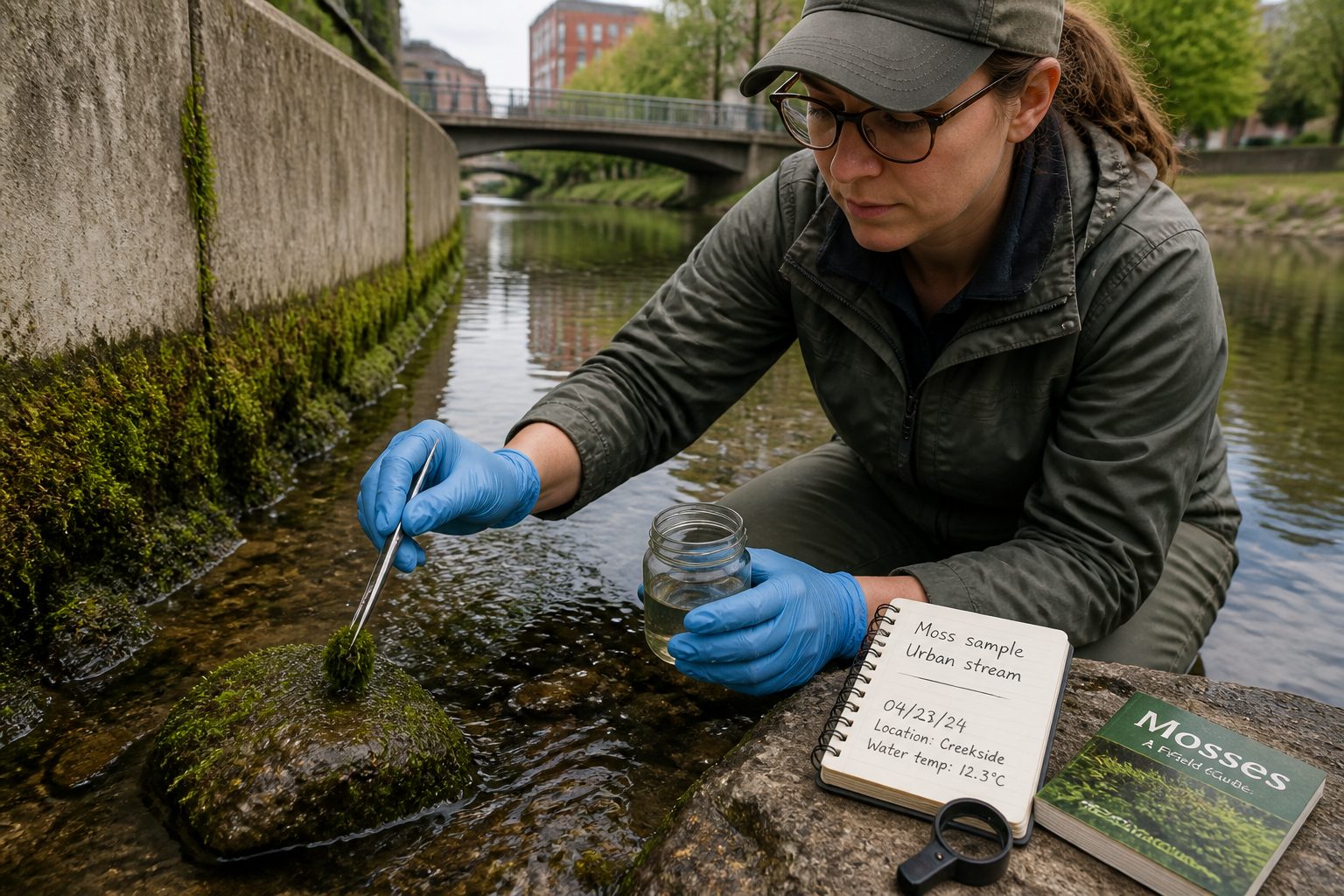 A researcher kneels beside an urban stream and collects aquatic moss from a wet rock into a sample jar.