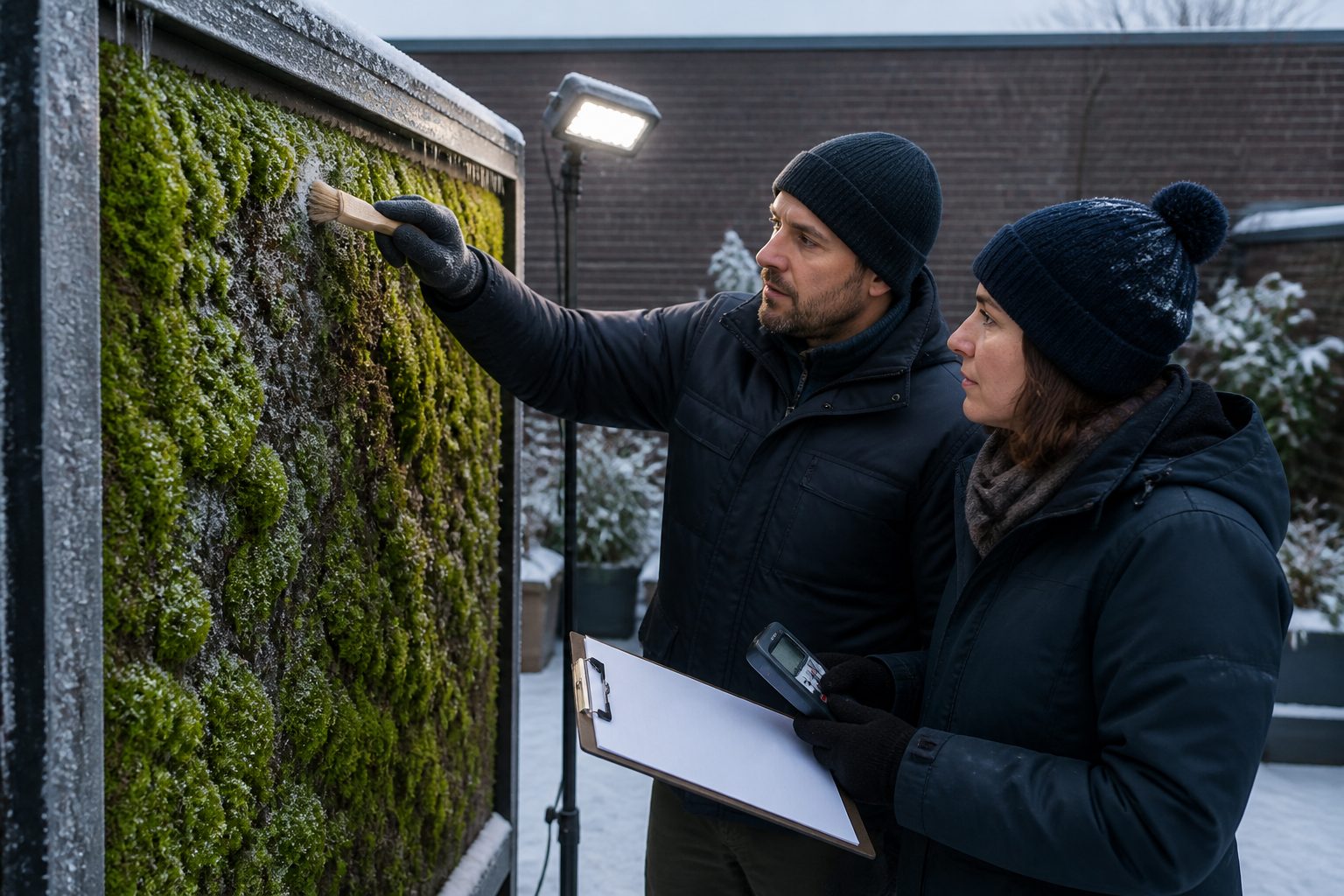 A man and a woman inspect a moss green wall outdoors in winter while brushing off ice and using a small grow light to support low light conditions.
