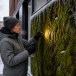 A horticulturist in winter gloves inspects a green moss wall with light frost while using a small work light to manage low light.