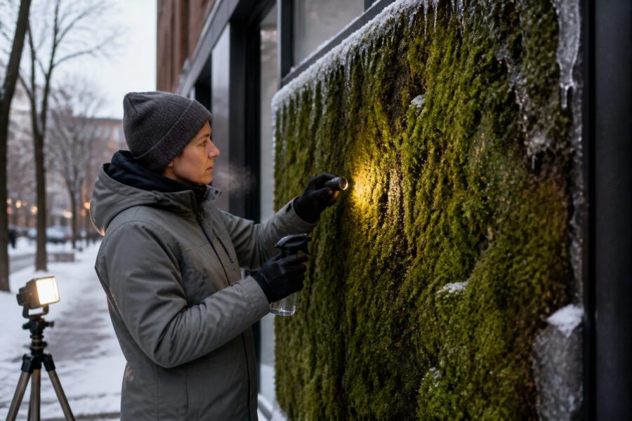 Moss Green Walls in Winter: Managing Cold, Ice, and Low Light Without Losing Coverage