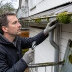 A man wearing gloves inspects moss patches growing on a metal gutter with a metal railing and sheet metal nearby.