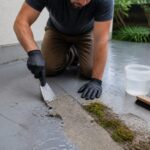 A man wearing gloves scrapes failing paint and sealer from a concrete slab beside patchy moss and a healthier moss patch on exposed concrete.