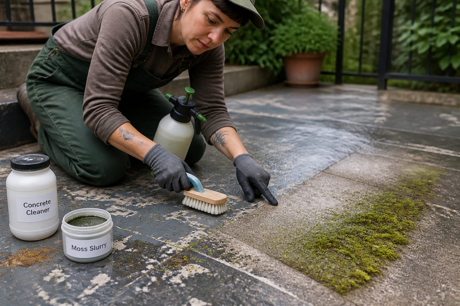 A professional gardener kneels on an outdoor patio and scrubs painted sealed concrete while pointing to a roughened patch where moss is starting to grow.