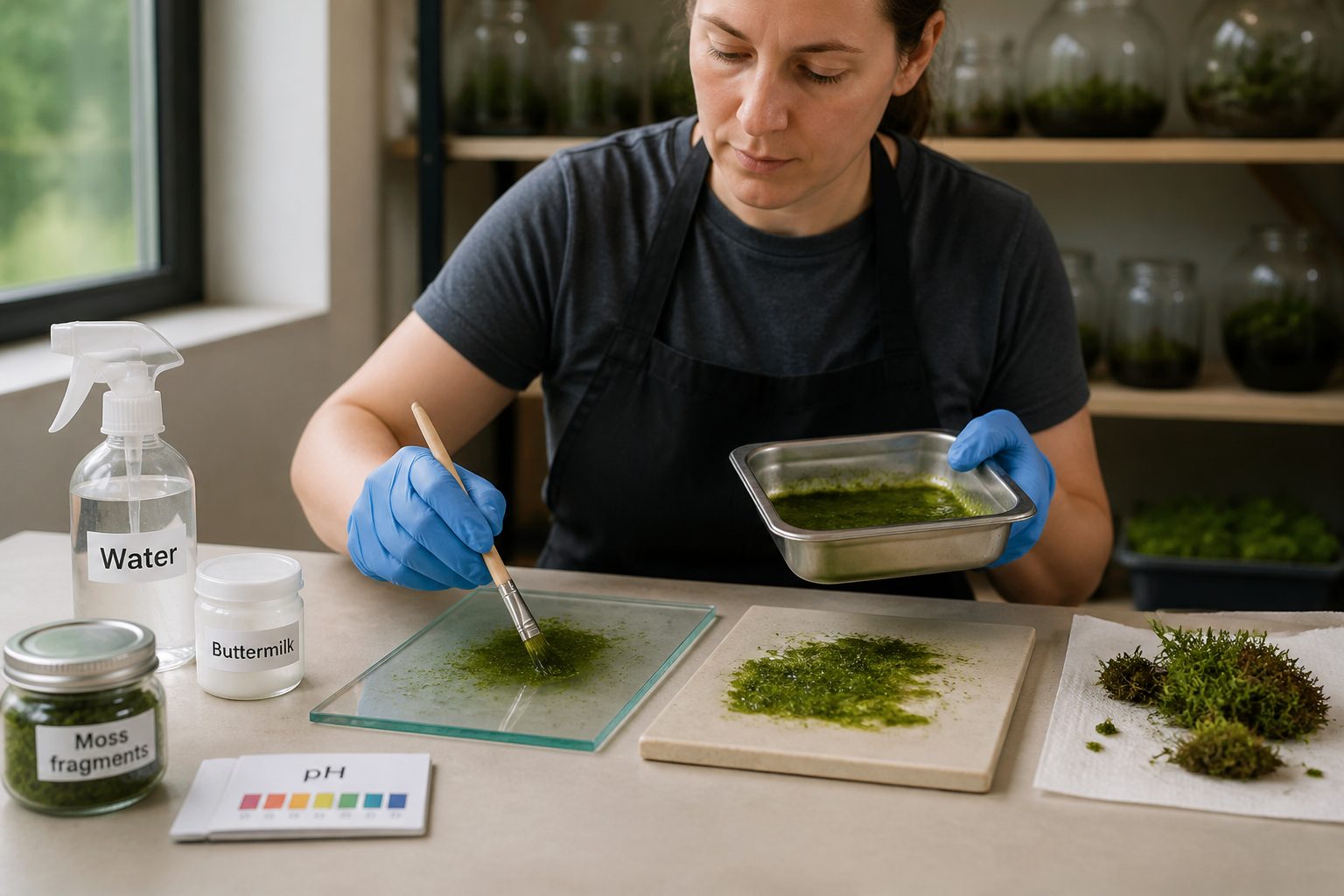 A researcher wearing gloves brushes moss slurry onto a glass panel and a glazed ceramic tile on a workbench.