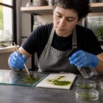 A researcher wearing gloves applies moss slurry with a brush onto a glass panel and a glazed ceramic tile on a workbench.